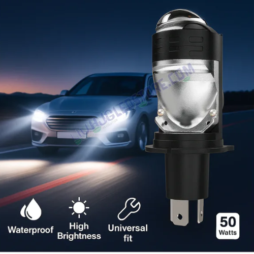 HJG Y6 H4 LED Projector Headlight Bulb for Motorcycles – 50W Mini Projector Lens with Cooling Fan, 7000LM Hi/Lo Beam Conversion Kit, 12V/24V Universal Bike Headlight, White (Set of 1)