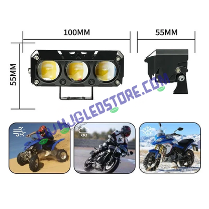 HJG 3 Lens 40W Projector Fog Light with Red & Blue Flash DRL – Multi-Color LED Driving Light for Cars & Bikes (Single Unit)