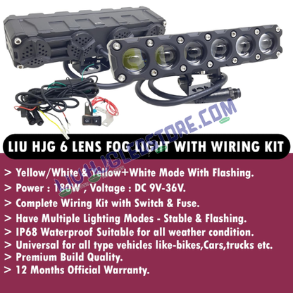 HJG Future Eyes 6-Lens 180W Mega Drive LED Fog Light Set | Dual Color White/Yellow, Multi-Mode, Remote Wiring Kit, Spot & Flood Beam for Bike, Car, Thar & Jeep (Pack of 2)