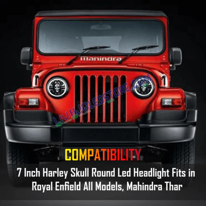 HJG 7-Inch Harley Skull Design LED Headlight for Royal Enfield (All Models) & Mahindra Thar | 12V–80V, 75W