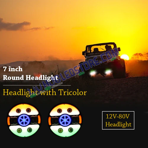 HJG 7-Inch 90W Tri-Color LED Headlight | Tiranga Style | White, Amber DRL and Green | Royal Enfield, Thar and Harley Davidson