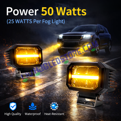 HJG W-07 Minus Cube LED Fog Lights 50W with White/Yellow Dual Beam & Amber DRL Ring, Universal Fit for Cars & Bikes (Pack of 2)