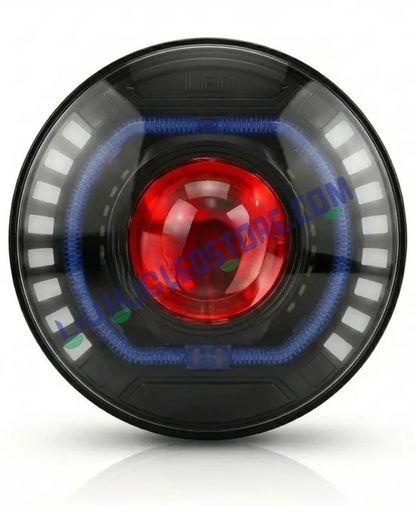 HJG C-227 7-Inch LED Projector Headlight with Red & Blue Halo DRL – 108W Ultra-Wide Beam for Royal Enfield, Jeep, Thar & Gypsy