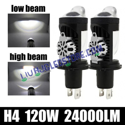 HJG RTD Lens H4 100W Dual Projector LED Headlight Bulbs | 10,000LM Pair, White Hi/Lo Beam & Red Devil DRL | CSP LED Chips, Cooling Fan, IP68 | H4 Plug & Play | 12–80V DC | Car, Bike & SUV | Pack of 2