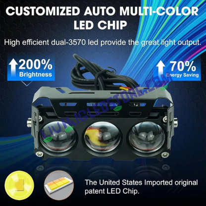 HJG Future Eyes 3 Lens 40W MEGA DRIVE Fog Lights (Fanless) – Multi-Color LED with Red DRL & Flash Mode for Bikes, Cars & Jeeps (Pack of 2)
