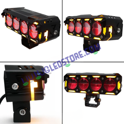 HJG 300W Future Eyes 4 Lens Projector LED Fog Light with Ring DRL & Wiring Harness – Multi-Color (Red/Amber/White/Yellow) Universal for Cars & Bikes