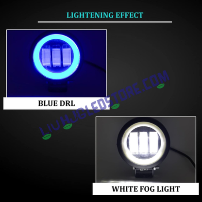 HJG 3 LED Harley Style Round Fog Light with Blue DRL – 60W Universal Auxiliary Light for Bikes & Cars