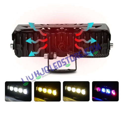 HJG 4 Lens 50W LED Projector Fog Light with Red & Blue Flash DRL – Multi-Color Driving Light for Cars & Bikes (Single Piece)