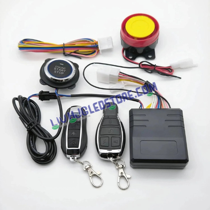 HJG Push Button Motorcycle Alarm System | Keyless Start/Stop, 125dB Siren, Flashing Light & Engine Immobiliser | 2 Wireless Remote Keys | Universal Bike & Scooter Anti-Theft Kit