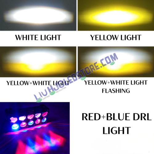 LIU HJG 10 Lens Cube 54W LED Fog Light with Red Blue Flash Mode Multi Color Projector Auxiliary Lamp for Bikes Motorcycles and Cars Single Piece