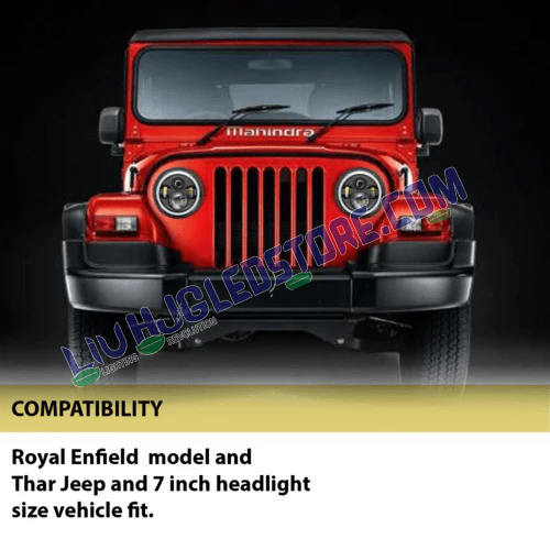 HJG 7-Inch LED Headlight with Clear DRL & Dual Beam – 75W (12V–80V) Compatible with Royal Enfield Models & Mahindra Thar