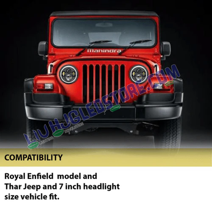 HJG 7-Inch LED Headlight with Clear DRL & Dual Beam – 75W (12V–80V) Compatible with Royal Enfield Models & Mahindra Thar