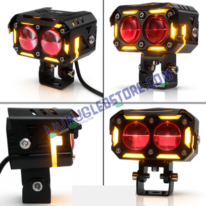 HJG Future Eyes 2-Lens Ring DRL 120W LED Projector Fog Lights with Wiring Harness Kit – Red DRL, Amber Ring, White/Yellow Modes, Universal Fit for Cars & Bikes