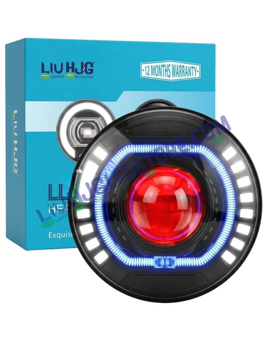 HJG C-227 7-Inch 108W LED Projector Headlight with Red & Blue Halo DRL – Ultra Wide Beam Headlamp for Royal Enfield, Thar, Jeep & Gypsy
