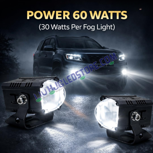 HJG HS114 60W Bezel Less Projector Fog Lights | Single Lens White Yellow Hi Lo Beam with Red DRL for Bikes, Cars (Set of 2)