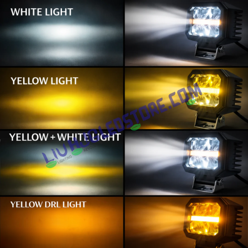 HJG W-07 Minus Cube LED Fog Lights 50W with White/Yellow Dual Beam & Amber DRL Ring, Universal Fit for Cars & Bikes (Pack of 2)