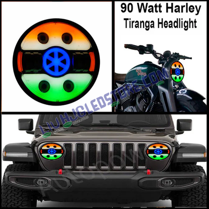 HJG 7-Inch 90W Tri-Color LED Headlight | Tiranga Style | White, Amber DRL and Green | Royal Enfield, Thar and Harley Davidson