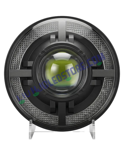 HJG C-318 7-Inch LED Projector Headlight with Red Devil Halo DRL – 108W Ultra-Wide Beam for Royal Enfield, Jeep, Thar & Gypsy