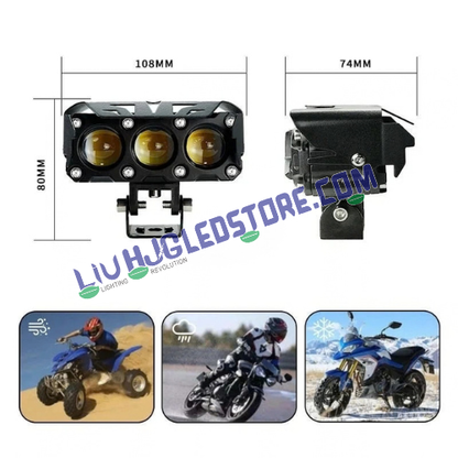 HJG Future Eyes 3-Lens 120W LED Projector Fog Lights with Wiring Harness | White & Yellow Dual-Color Beam, Ultra-Wide Spot/Flood Output | Adjustable Brackets | Universal for Cars, Bikes, SUVs & 4x4