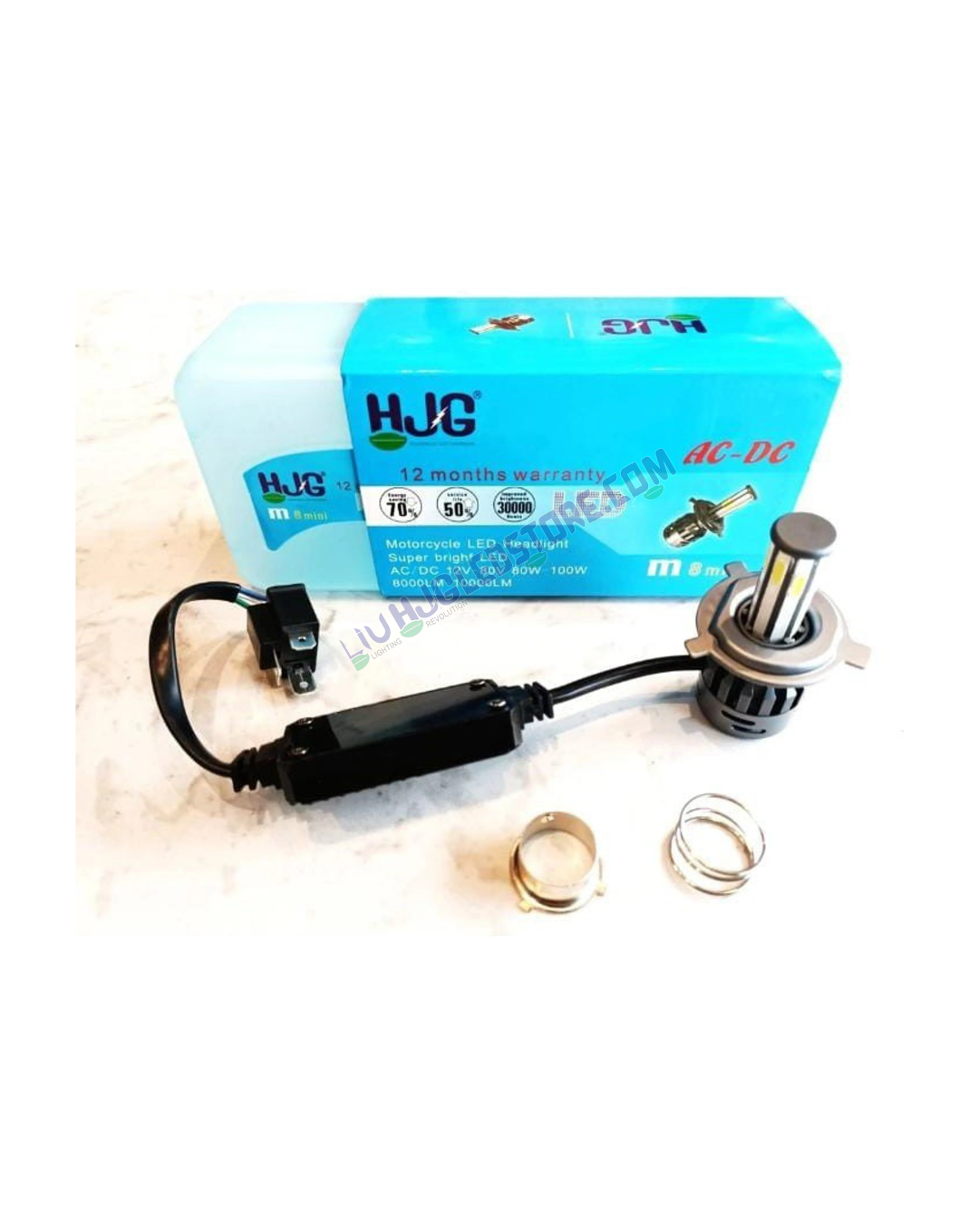 HJG M4 Mini Original H4 80W LED Headlight Bulb for Motorcycles & Cars – White High/Low Beam, 4-Side Chip, AC/DC Compatible