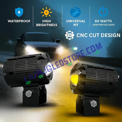 HJG CNC Mini Drive V7 80W Projector Fog Lights with Canbus & Red DRL – White/Yellow Dual Beam (Set of 2)
