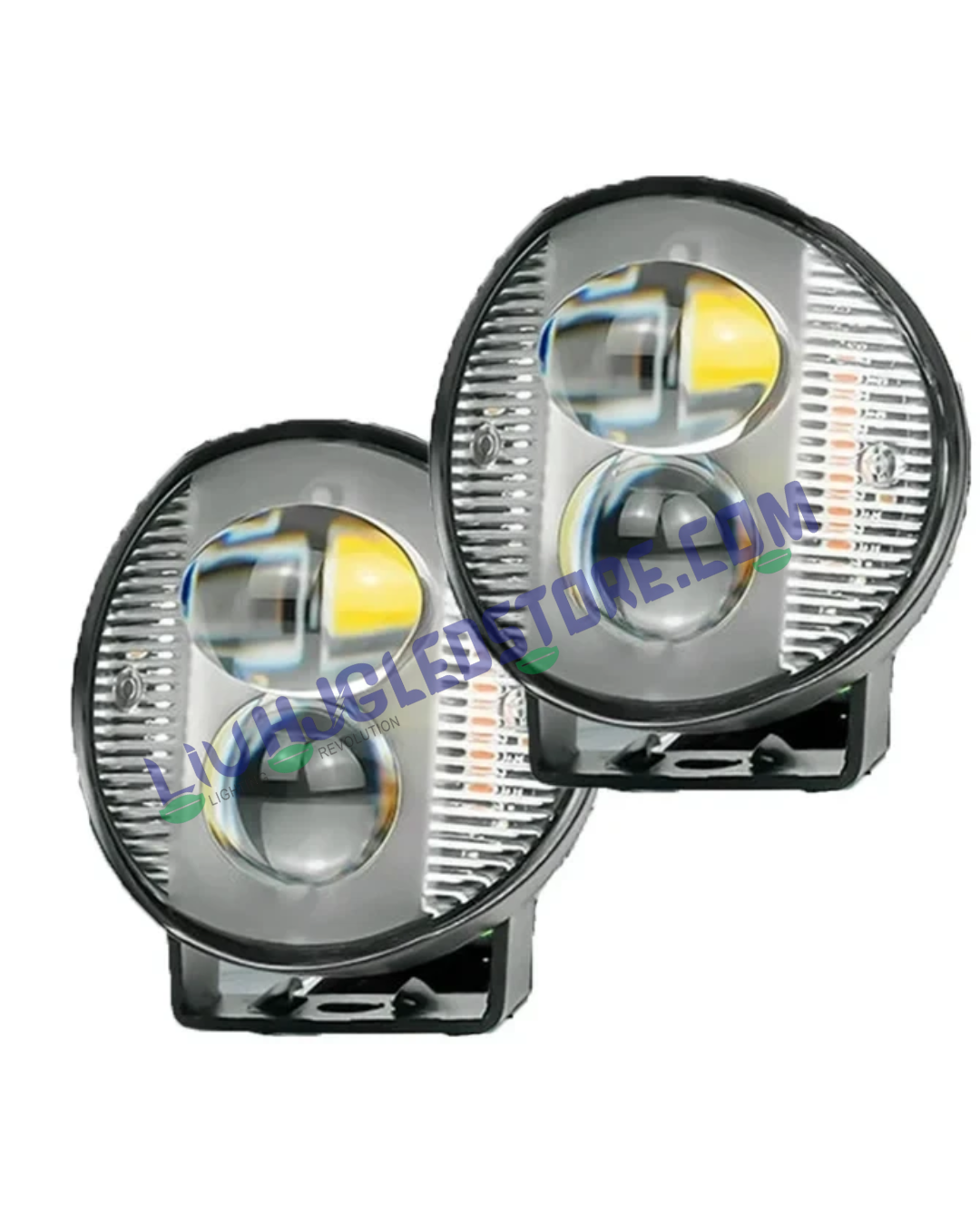 HJG 2 LED Round Fog Lights with Red & Blue Strobe Flash – Dual Color White/Yellow Projector, Heavy-Duty Aluminium Build (Pack of 2)