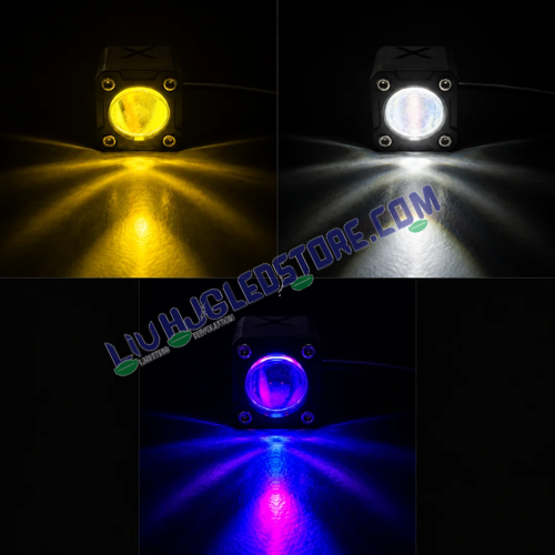 LIU HJG Tiny Laser Cannon LED fog light showing yellow, white and RGB lighting modes with projected beam output