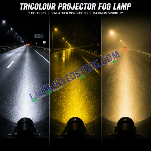 LIU HJG Tricolour Projector Fog Lamp showing white, yellow and warm-white beam patterns for different weather conditions