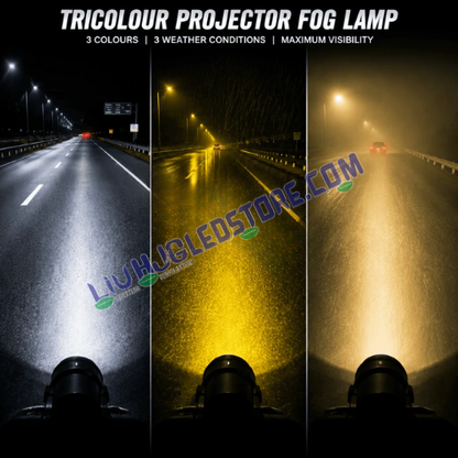 LIU HJG Tricolour Projector Fog Lamp showing white, yellow and warm-white beam patterns for different weather conditions