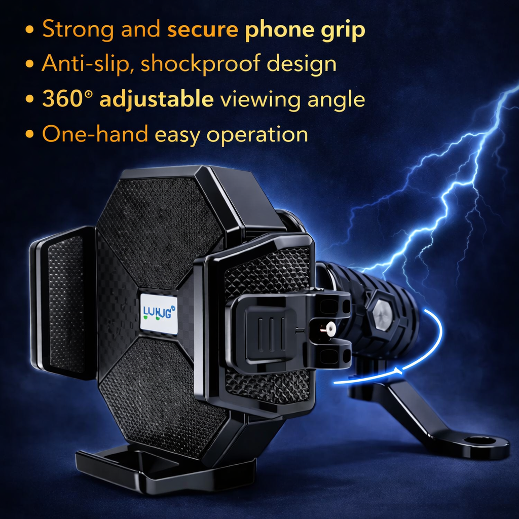LIU HJG Heavy-Duty Motorcycle Mobile Holder with Mirror Mount – 360° Adjustable, Shockproof Smartphone Holder with Secure Grip (Universal Fit, Pack of 1)
