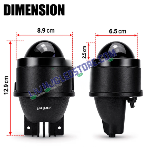 LIU HJG 86W Tricolour Projector Fog Lamp dimensions showing 8.9 cm width and 12.9 cm height