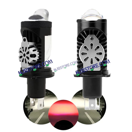 HJG H4 RTD Dual Projector LED Headlight Bulb – 75W Mini Projector with Red Devil DRL & White Hi/Lo Beam, 12000LM for Motorcycles & Cars (12V/24V)