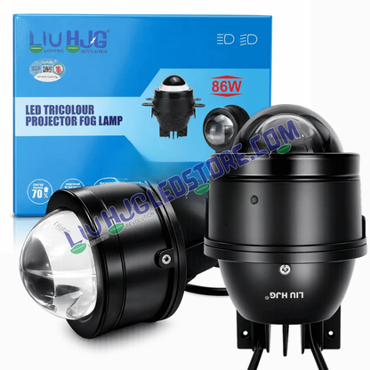 LIU HJG 86W LED Tricolour Projector Fog Lamp with projector lens and product packaging