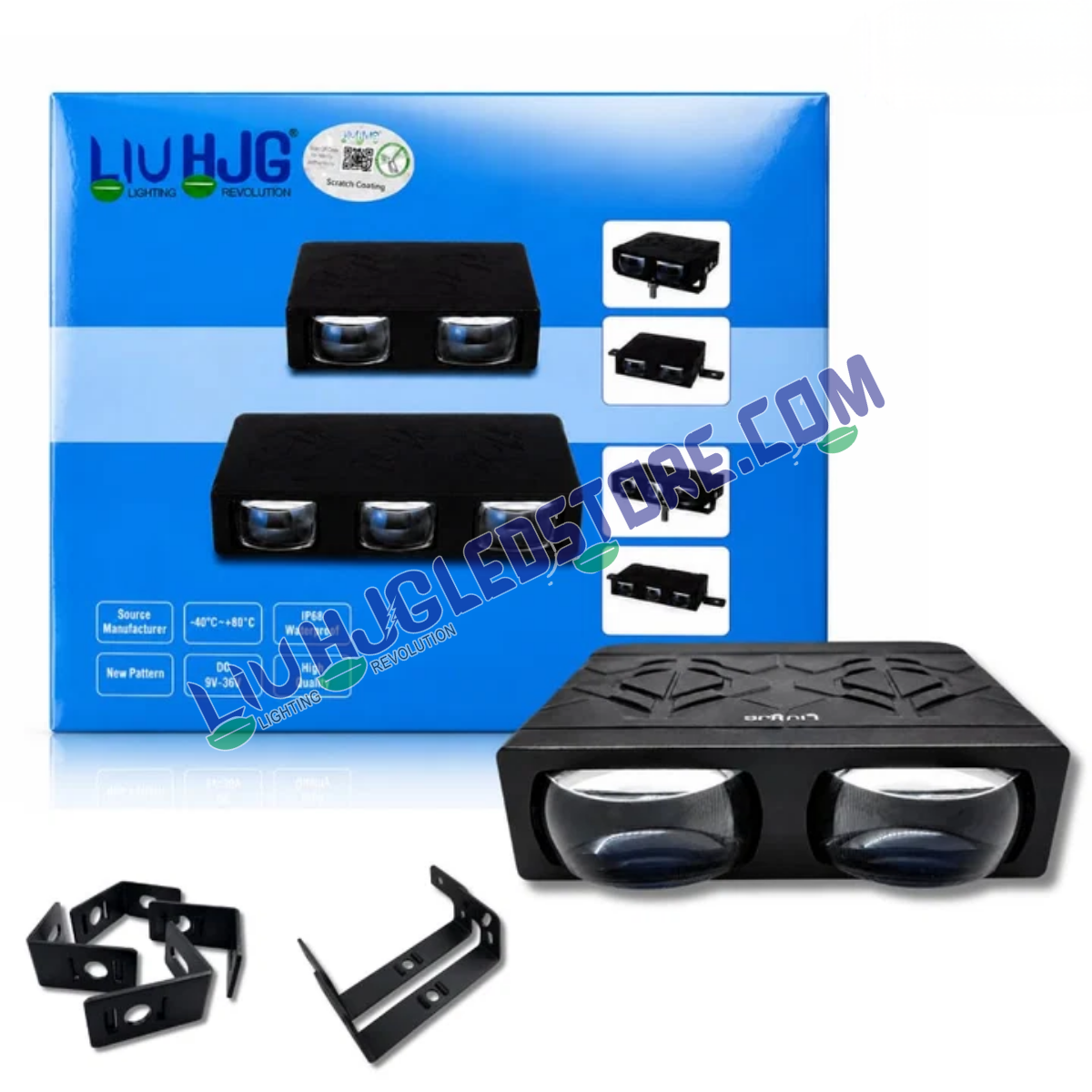 LIU HJG S102 65W dual lens LED fog light pair with white/yellow beam, Red Devil Eye halo and turbo fan