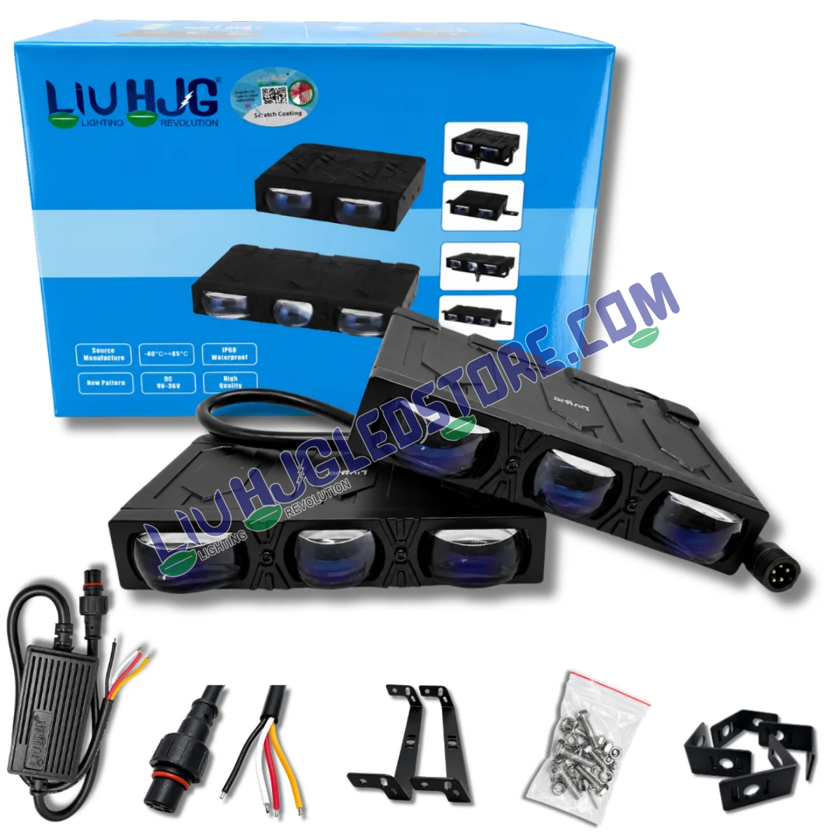 LIU HJG S124 100W 3-Lens LED Fog Light Pair with dual white/yellow beam and Red Devil Eye