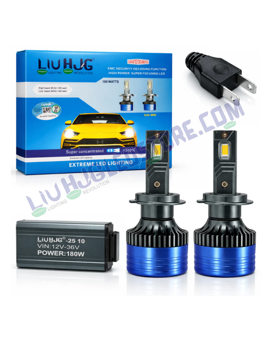 HJG 180W H7 LED Headlight Bulbs (Pack of 2) – 18000LM White 6500K with Adjustable Holder for Cars & Bikes (12V/24V, H7 Two-Pin Socket)