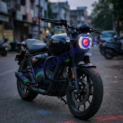 HJG C-227 7-Inch LED Projector Headlight with Red & Blue Halo DRL – 108W Ultra-Wide Beam for Royal Enfield, Jeep, Thar & Gypsy