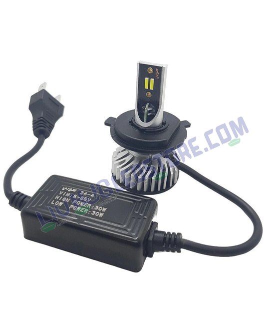 HJG M2 Mini H4 30W Dual Color LED Headlight Bulb – 4500LM White High & Yellow Low Beam with Cooling Fan (12V/24V, Single Piece)