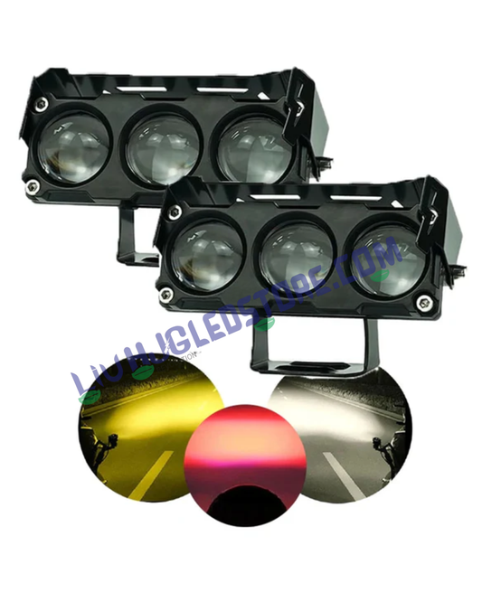 HJG Future Eyes 3 Lens 40W MEGA DRIVE Fog Lights (Fanless) – Multi-Color LED with Red DRL & Flash Mode for Bikes, Cars & Jeeps (Pack of 2)