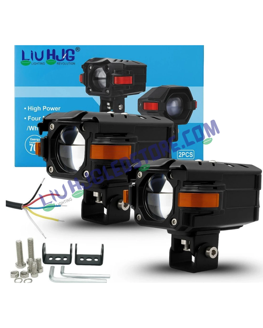 HJG NightBreaker P107 Dual Projector LED Fog Lights 120W with Red DRL & Amber Hazard – White/Yellow Beam for Cars & Bikes (Set of 2)