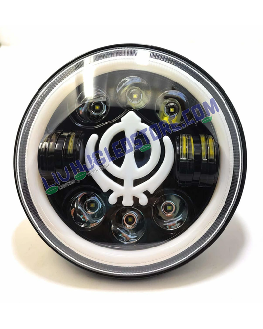 HJG 7-Inch LED Headlight Khanda DRL | 75W High/Low Beam, White & Amber DRL, Turn Indicator, 7-Inch compatible with Royal Enfield, Jeep & Harley Davidson