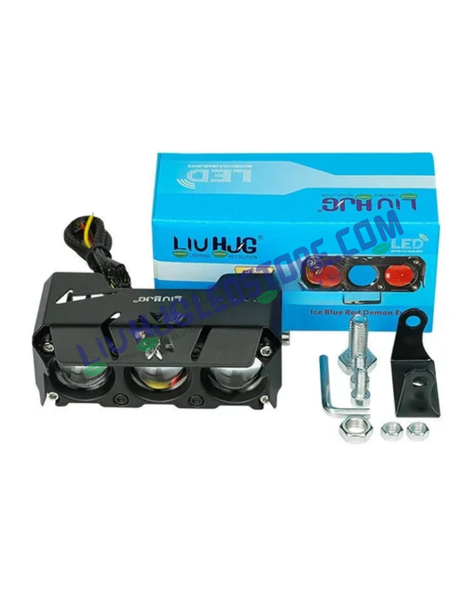 HJG 3 Lens 40W Projector Fog Light with Red & Blue Flash DRL – Multi-Color LED Driving Light for Cars & Bikes (Single Unit)