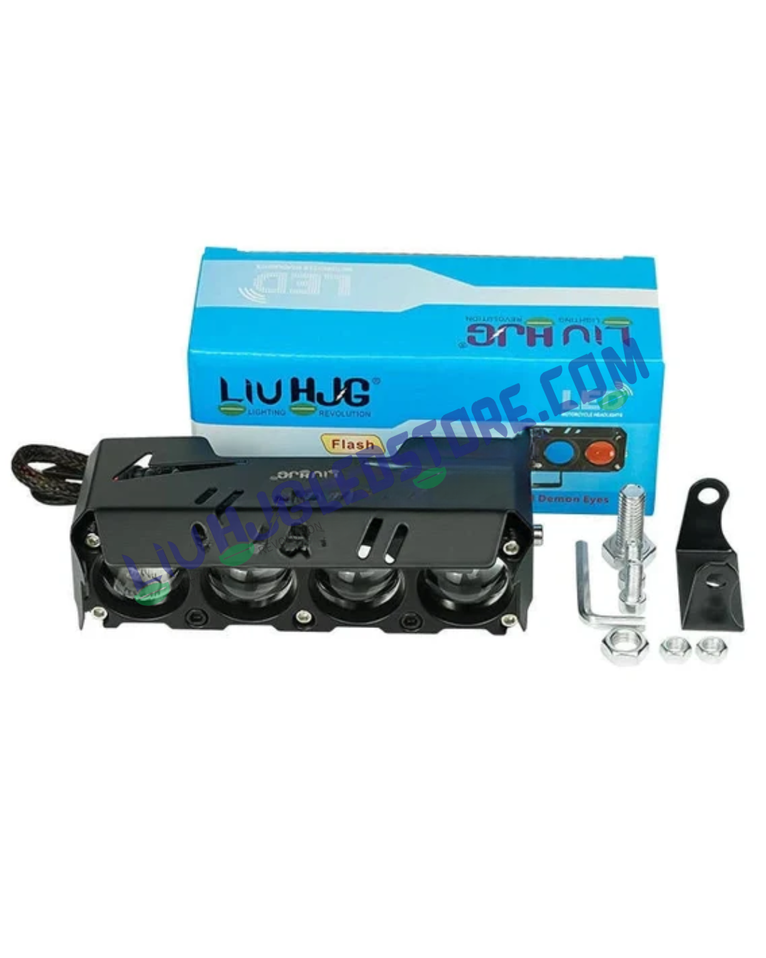 HJG 4 Lens 50W LED Projector Fog Light with Red & Blue Flash DRL – Multi-Color Driving Light for Cars & Bikes (Single Piece)