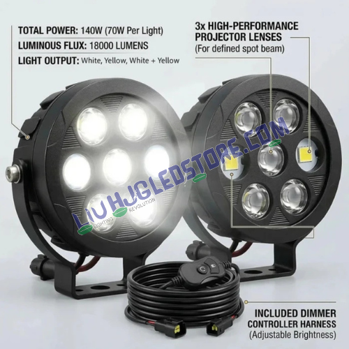 HJG HP111 140W 7-LED Projector Fog Light Kit with Dimmer Control – Tri-Color Auxiliary Lights with DRL & Wiring Harness for Bikes & Cars