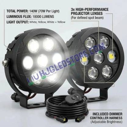 HJG HP111 140W 7-LED Projector Fog Light Kit with Dimmer Control – Tri-Color Auxiliary Lights with DRL & Wiring Harness for Bikes & Cars