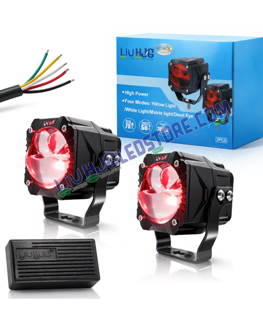 HJG Gorilla V2 Triple Lens 120W LED Fog Lights | White/Yellow Dual Color, Red DRL, Projector Beam, Wiring Harness Kit, Universal Fit for Cars & Bikes (Pack of 2)