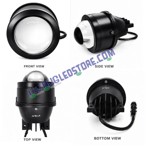 LIU HJG 86W LED Tricolour Projector Fog Lamp front, side, top and bottom views