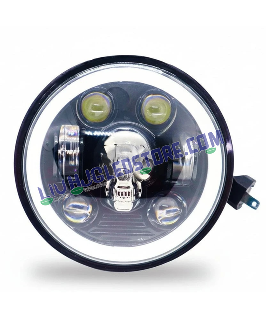 HJG Skull 5.75-Inch 75W LED Headlight Assembly | Multi-DRL Effects, 6500K White Light & White/Yellow Angel Eye | H4 Plug & Play, High/Low Beam | 12–80V DC | Harley Davidson, Jeep & Bajaj Avenger