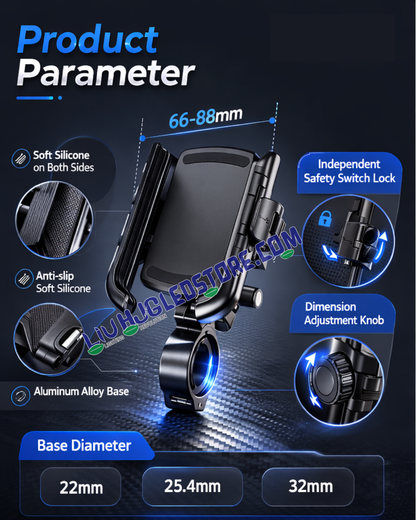 LIU HJG Heavy-Duty Adjustable Bike Mobile Holder with Dual Clamps | 360° Rotating Phone Mount | Universal Fit for Motorcycles & Scooters | Secure Smartphone Grip