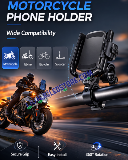 LIU HJG Heavy-Duty Adjustable Bike Mobile Holder with Dual Clamps | 360° Rotating Phone Mount | Universal Fit for Motorcycles & Scooters | Secure Smartphone Grip